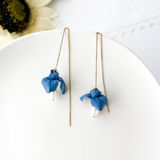 Iris & Pearls Threader Earrings, Lightweight Polymer Clay Flower Statement Earrings