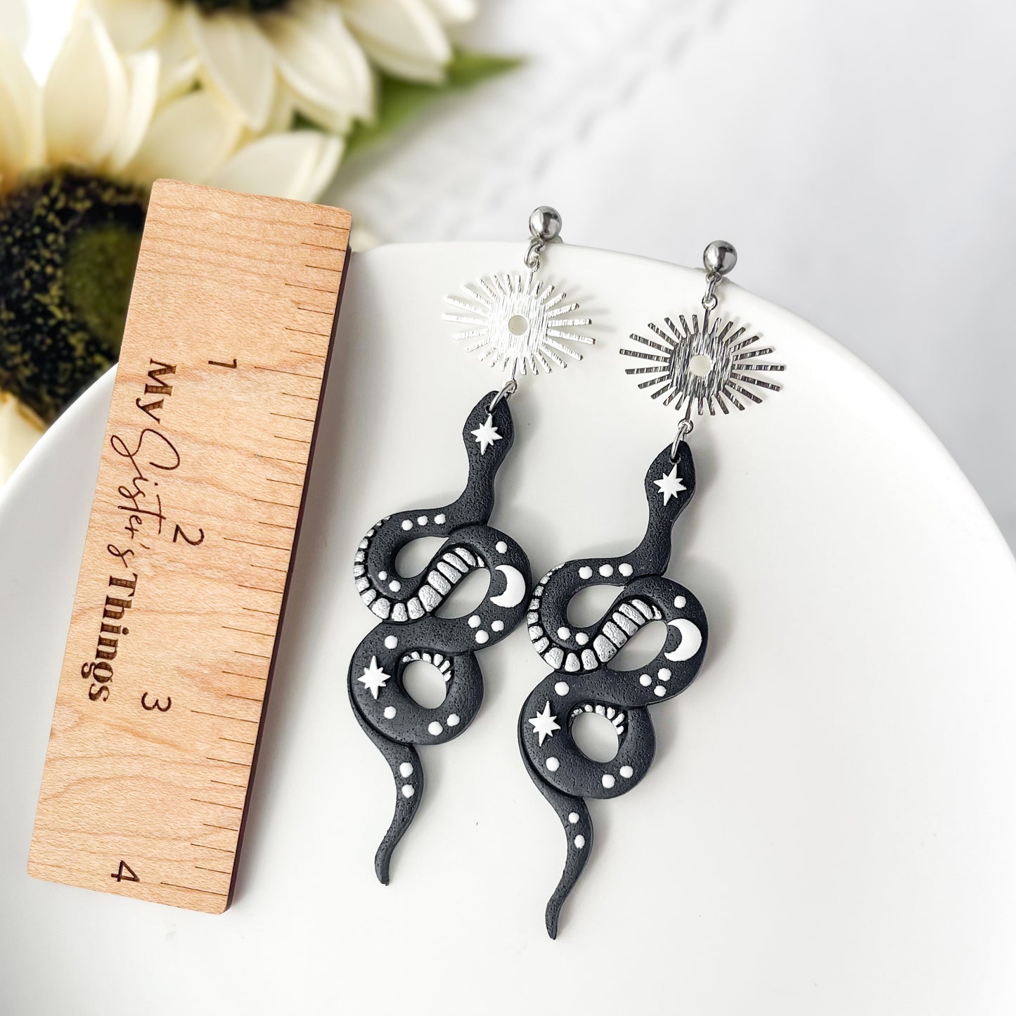 Silver Black Snake Earrings | Unique Edgy Statement Polymer Clay Jewelry | Boho Chic Artisan Earrings