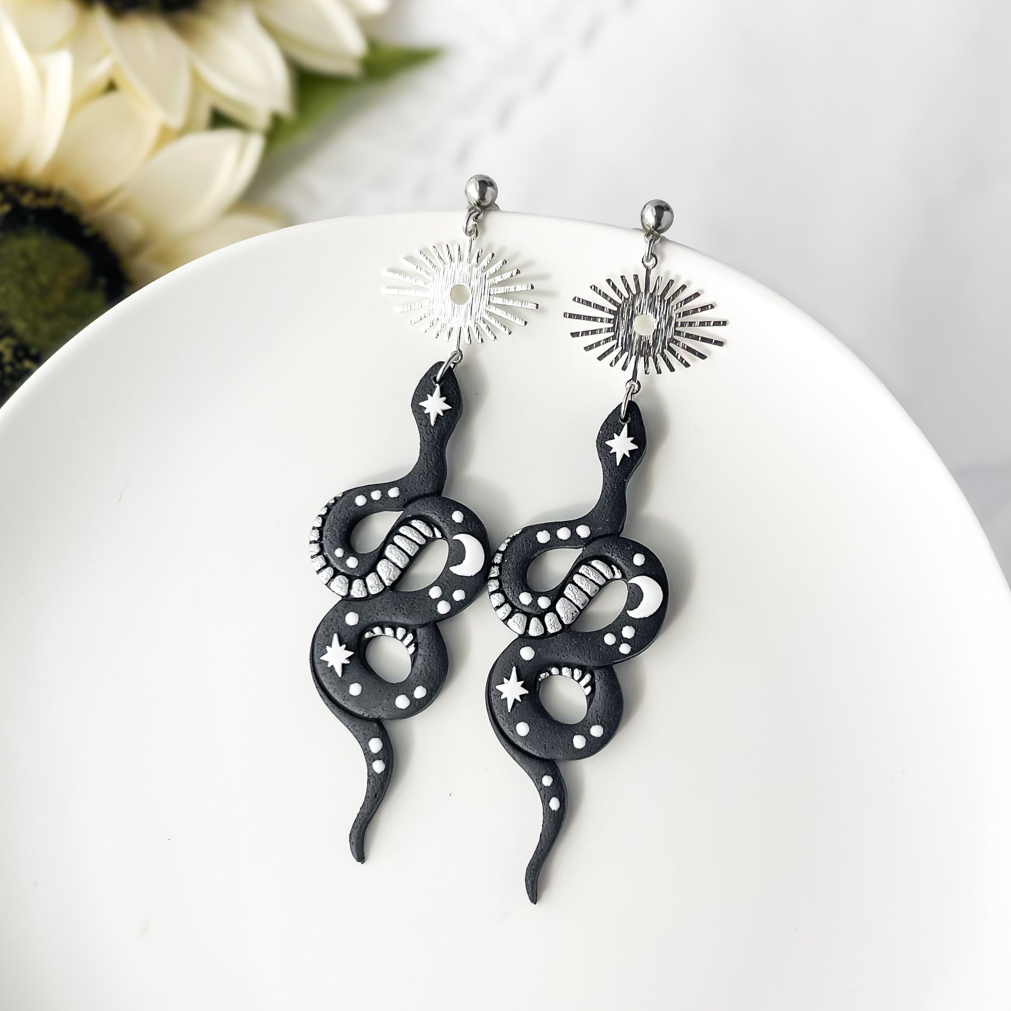 Bold Handmade Black Snake Earrings | Unique Edgy Statement Jewelry | Boho Chic Clip-On Earrings Option