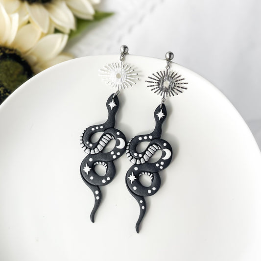 Silver Black Snake Earrings | Unique Edgy Statement Polymer Clay Jewelry | Boho Chic Artisan Earrings