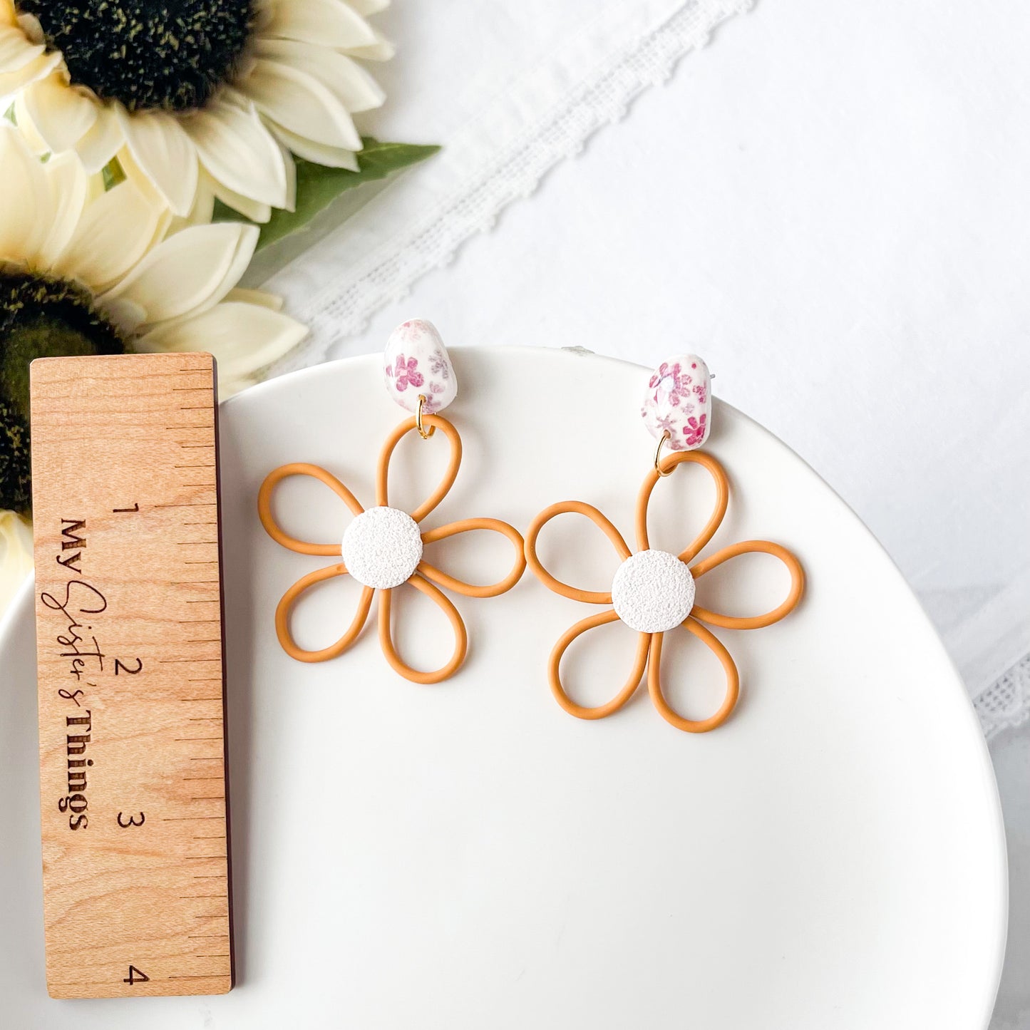 Marigold Yellow Funky Flower Earrings, Lightweight Polymer Clay Dangles, Handmade Clip On Earring Option