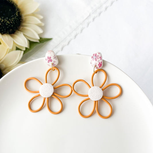 Marigold Yellow Funky Flower Earrings, Lightweight Polymer Clay Dangles, Handmade Clip On Earring Option