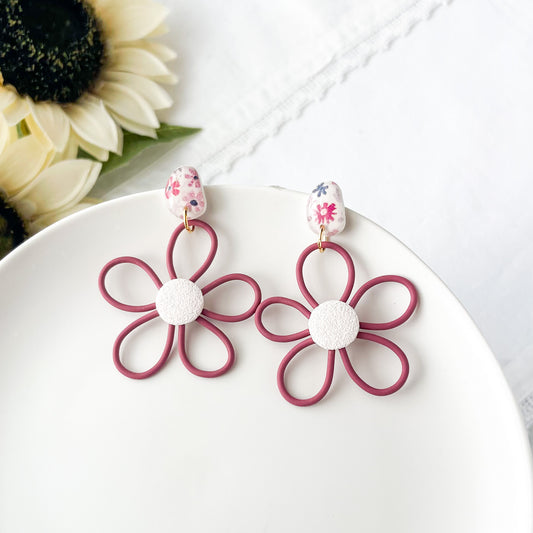 Mauve Funky Flower Earrings: Lightweight Polymer Clay Dangles, Handmade Clip On Earring Option