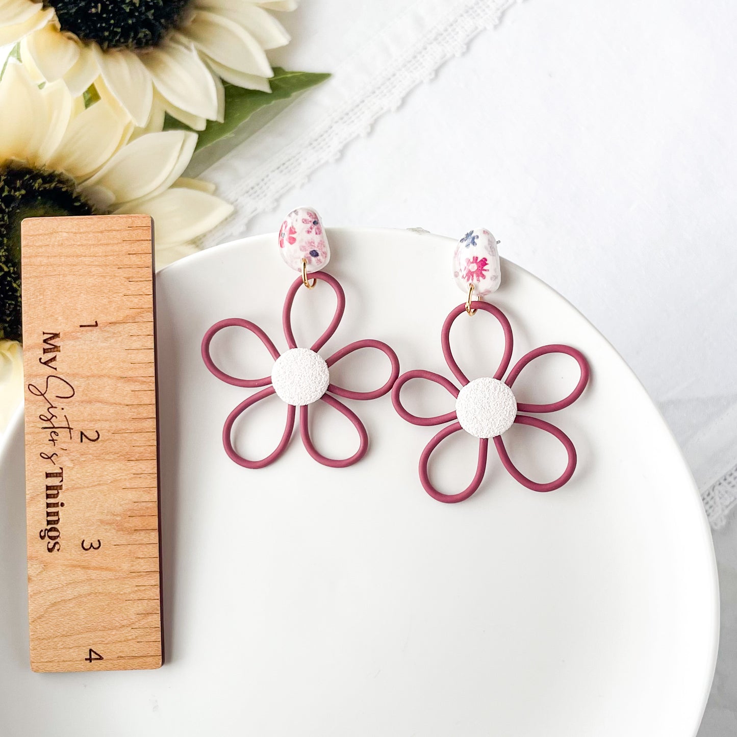 Mauve Funky Flower Earrings: Lightweight Polymer Clay Dangles, Handmade Clip On Earring Option