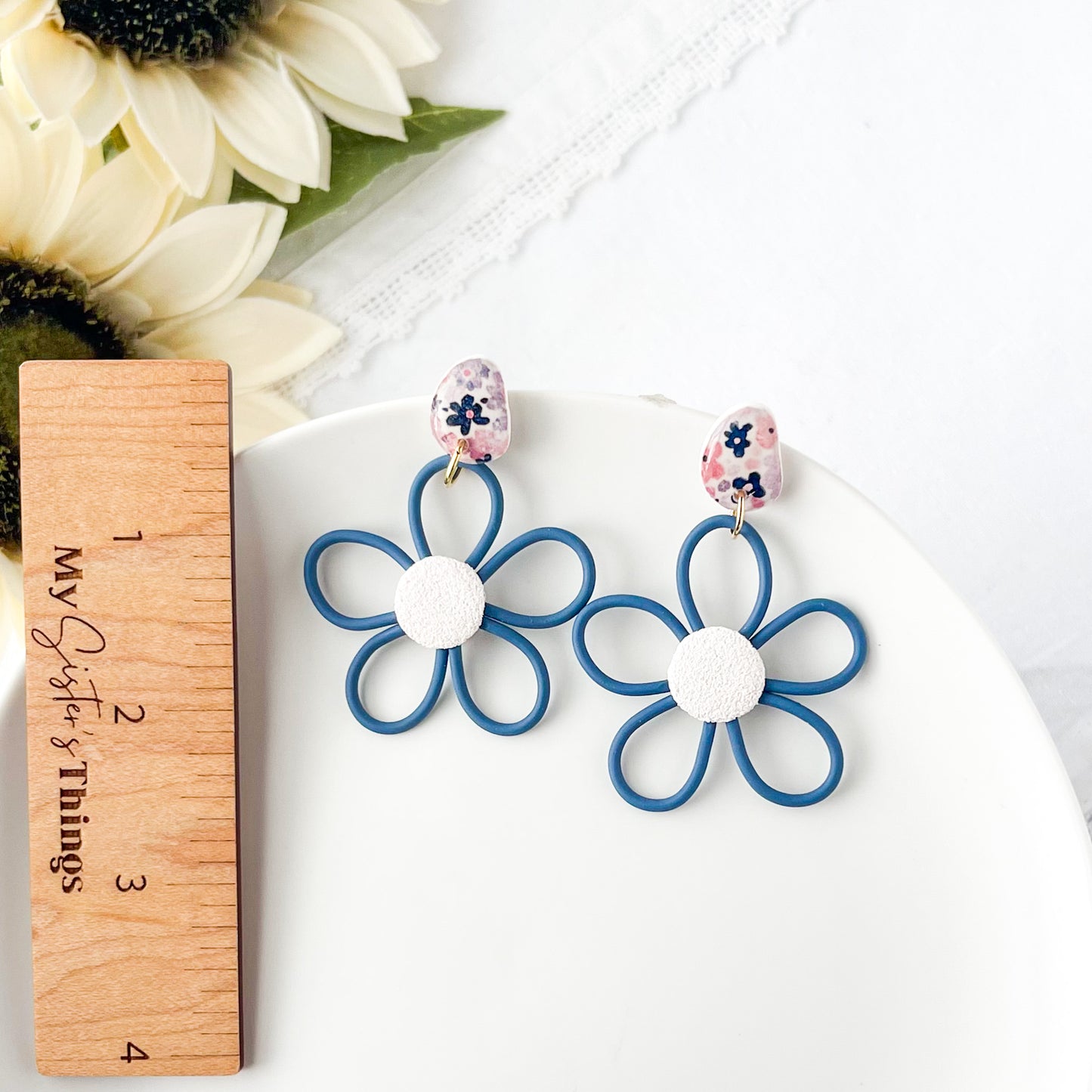 Denim Blue Funky Flower Earrings, Lightweight Polymer Clay Dangles, Handmade Clip On Earring Option
