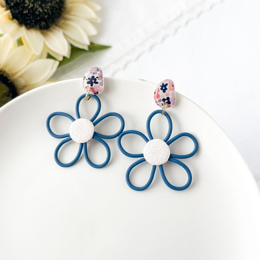 Denim Blue Funky Flower Earrings, Lightweight Polymer Clay Dangles, Handmade Clip On Earring Option
