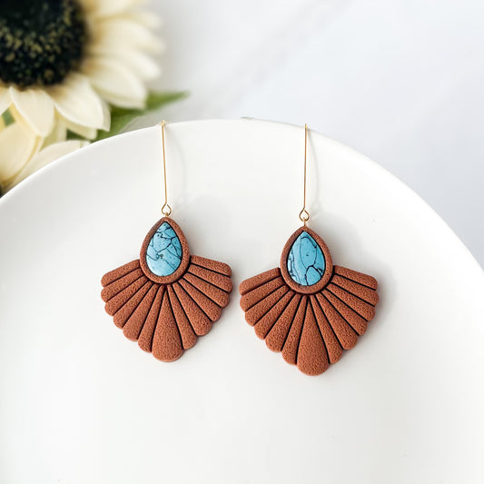 Western Turquoise Polymer Clay Earrings In Brown, Lightweight Boho Dangle Earrings, Handmade Clip On Statement Jewelry