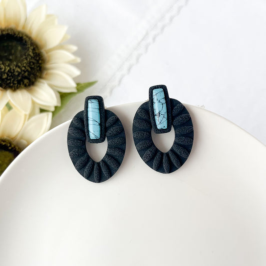 Marble Inlay Black Statement Earrings, Western Concho Stud Earrings, Southwestern Turquoise Clay Jewelry, Clip On Earrings, Faux Turquoise Boho Earrings,