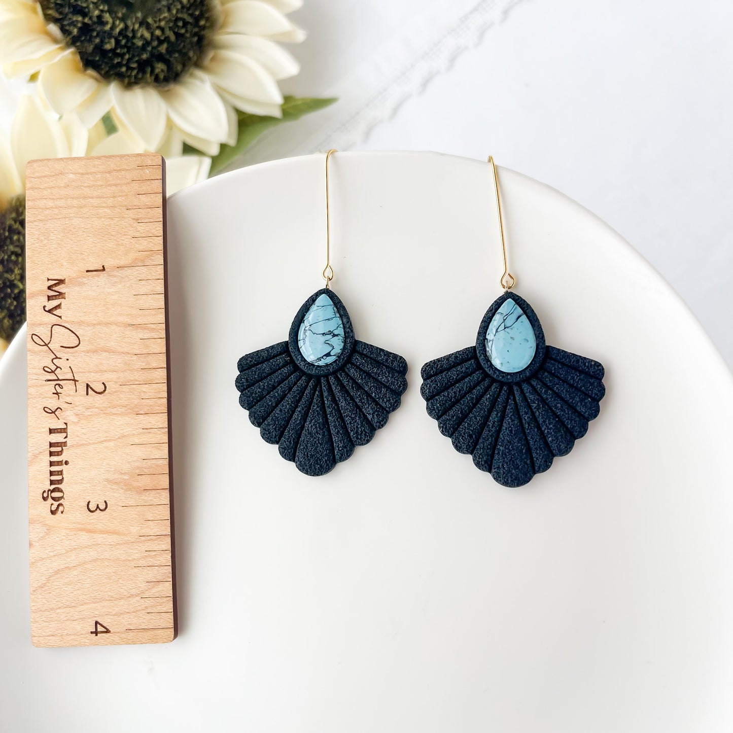 Western Turquoise Polymer Clay Earrings In Black, Lightweight Boho Dangle Earrings, Handmade Clip On Statement Jewelry