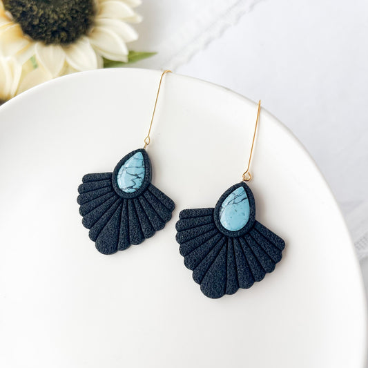 Western Turquoise Polymer Clay Earrings In Black, Lightweight Boho Dangle Earrings, Handmade Clip On Statement Jewelry