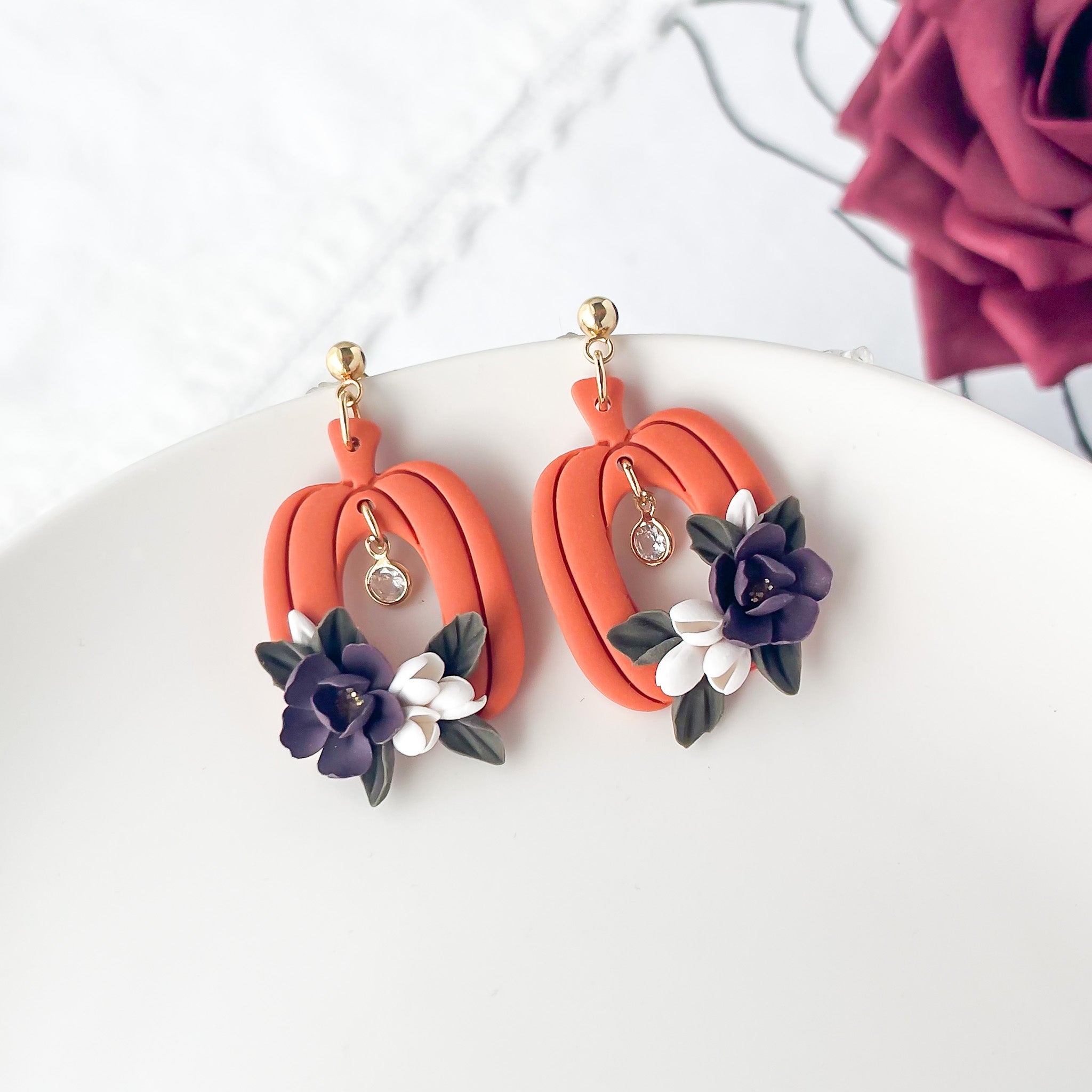 Pumpkin Dangle Earrings: Fall Floral Accessories, Halloween Polymer Clay Jewelry, Boho Clip-On Earring Option