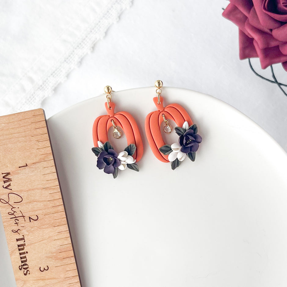 Pumpkin Dangle Earrings: Fall Floral Accessories, Halloween Polymer Clay Jewelry, Boho Clip-On Earring Option