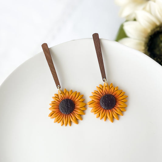 Handmade Sunflower Dangle Earring, Hypoallergenic Surgical Steel Polymer Clay Jewelry, Clip On Earring Option
