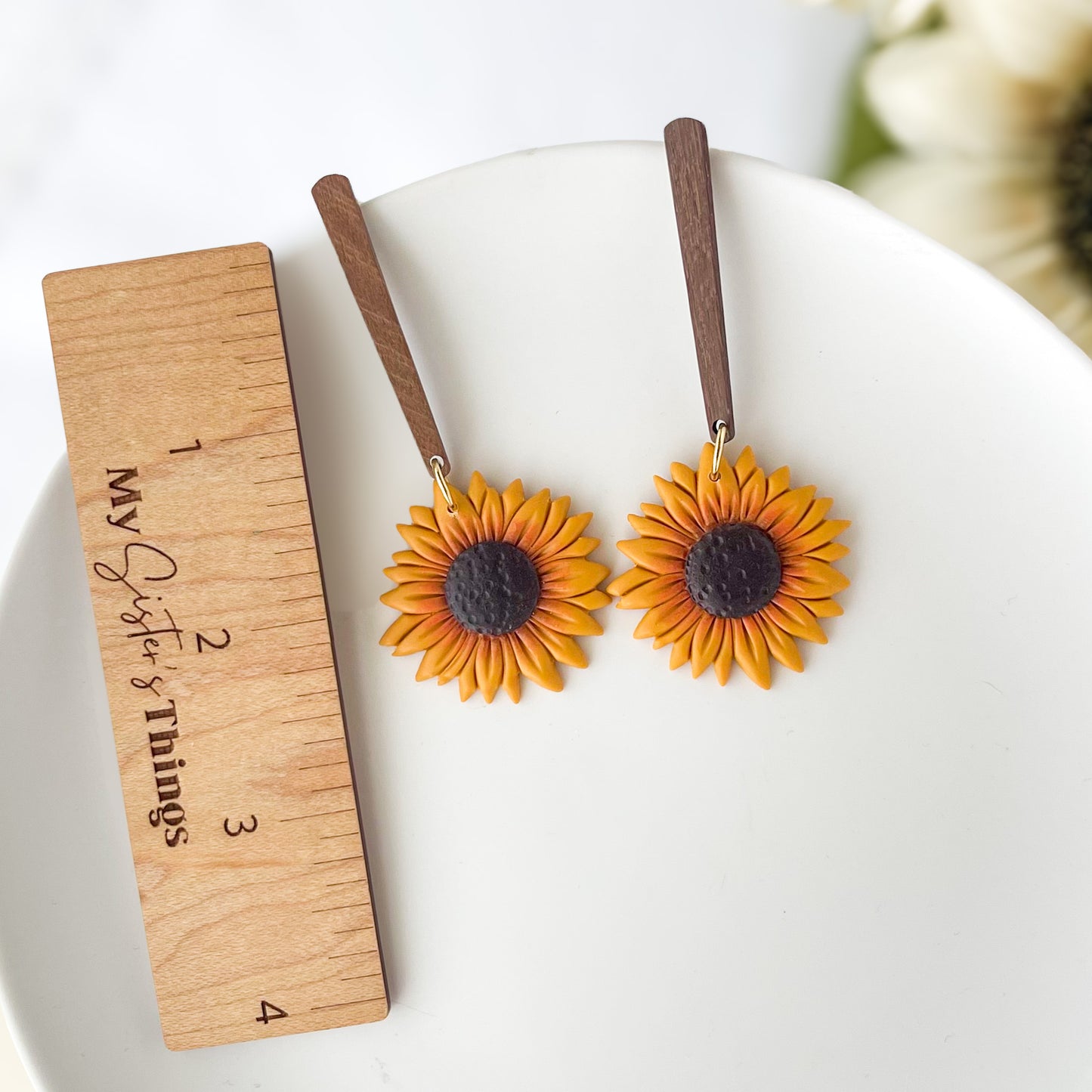 Handmade Sunflower Dangle Earring, Hypoallergenic Surgical Steel Polymer Clay Jewelry, Clip On Earring Option