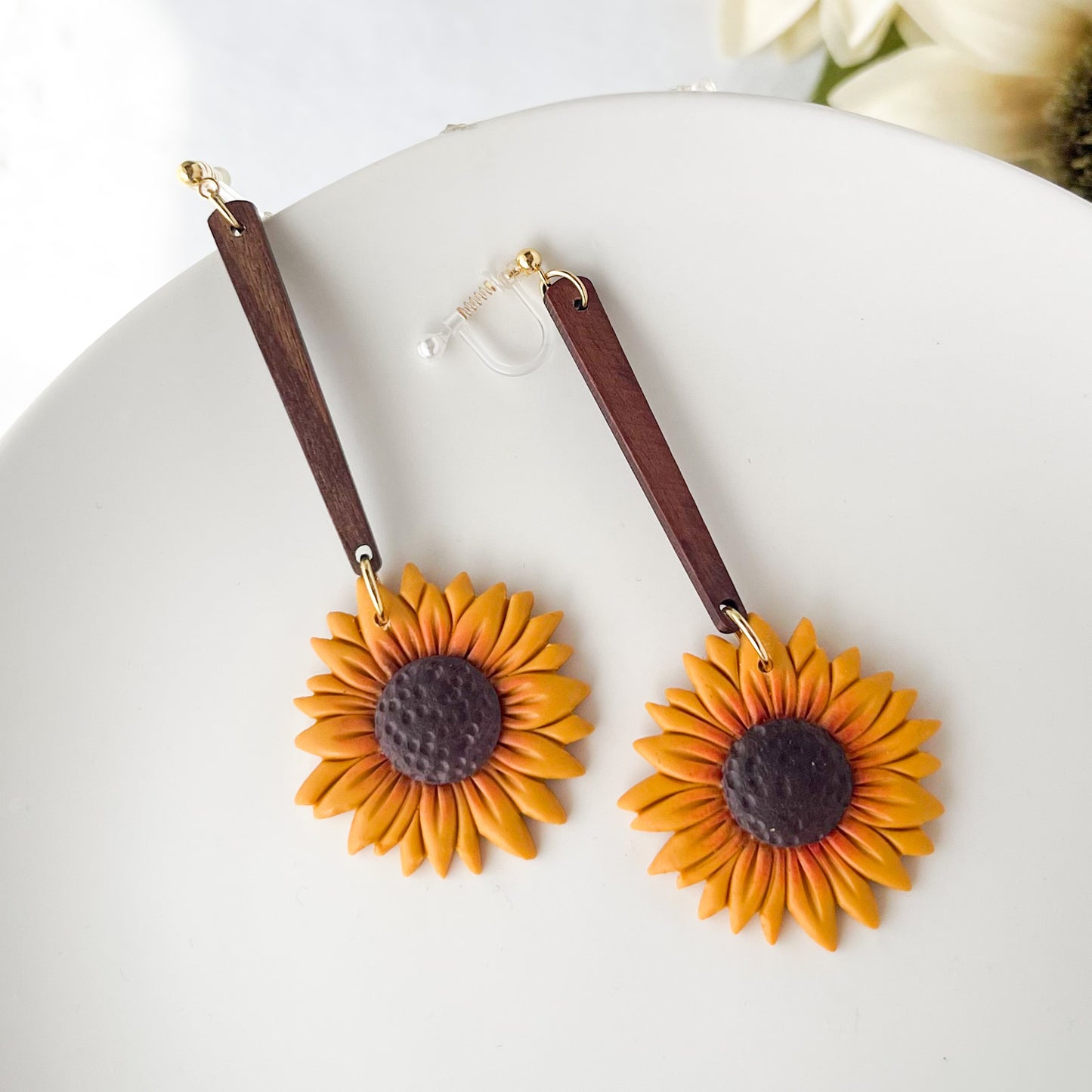 Handmade Sunflower Dangle Earring, Hypoallergenic Surgical Steel Polymer Clay Jewelry, Clip On Earring Option