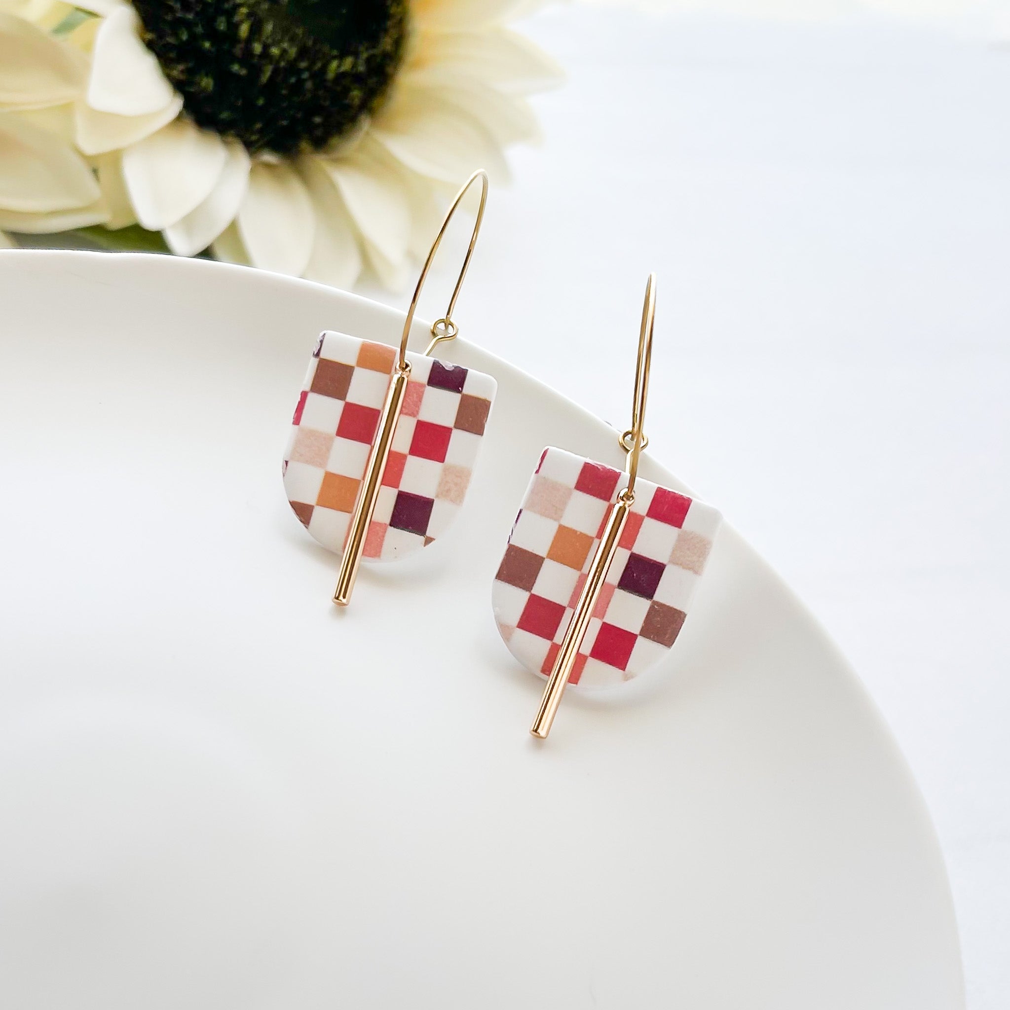 Handmade Checkered Hoops | Unique Fall Statement Earrings | Artisan-Made Boho Chic Jewelry | Clip-On Option