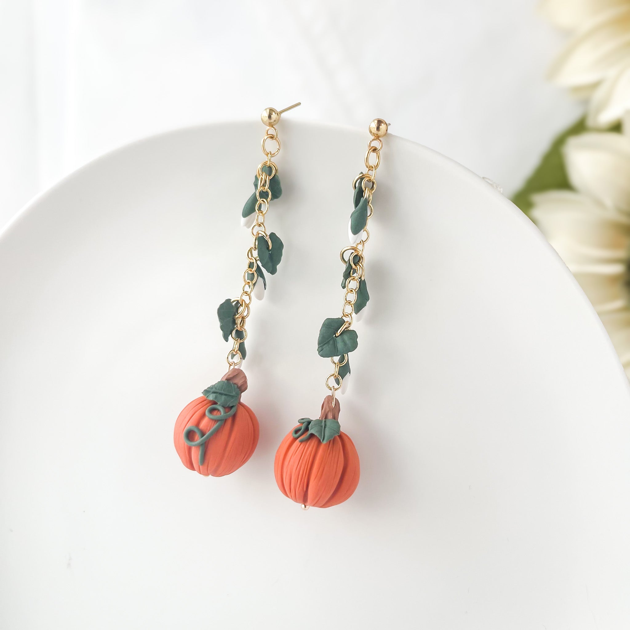 Boho Pumpkin Dangle Earrings: Lightweight Fall Accessories, Halloween Polymer Clay Jewelry, Autumn Clip-On Earring Option