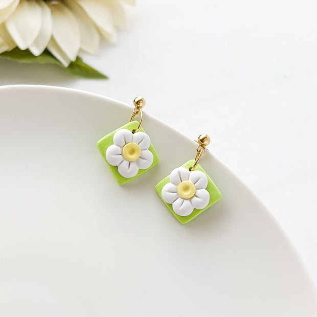 Handmade White Daisy Pastel Earrings | Statement Polymer Clay Jewelry | Cute, Trendy Clip-On Earrings Option