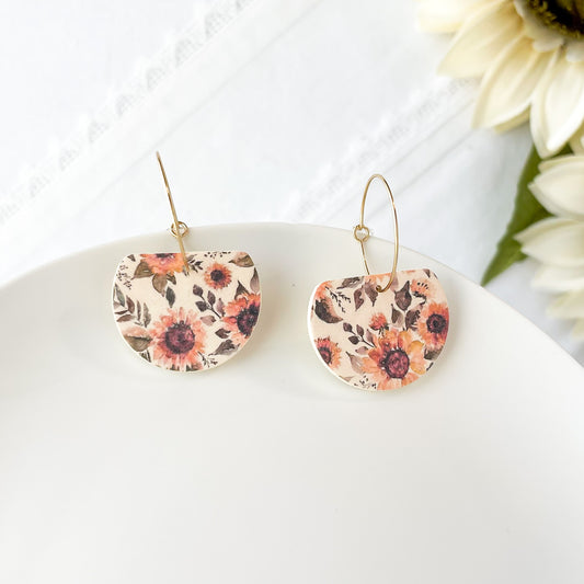 Sunflower Hoop Earrings: Handmade Polymer Clay Jewelry, Fall Floral Earrings, Clip-On Option