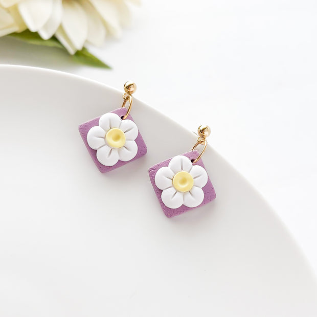 Handmade White Daisy Pastel Earrings | Statement Polymer Clay Jewelry | Cute, Trendy Clip-On Earrings Option