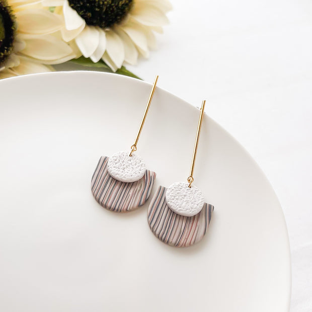 Handmade Neutral Tone Statement Earrings | Boho Chic Striped Hex Design | Artisan-Made Polymer Clay Jewelry | Clip-On option