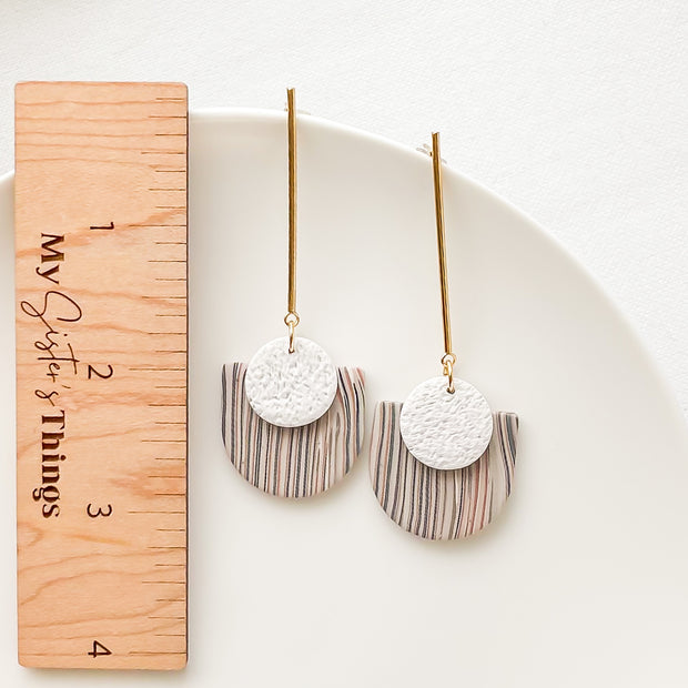 Handmade Neutral Tone Statement Earrings | Boho Chic Striped Hex Design | Artisan-Made Polymer Clay Jewelry | Clip-On option