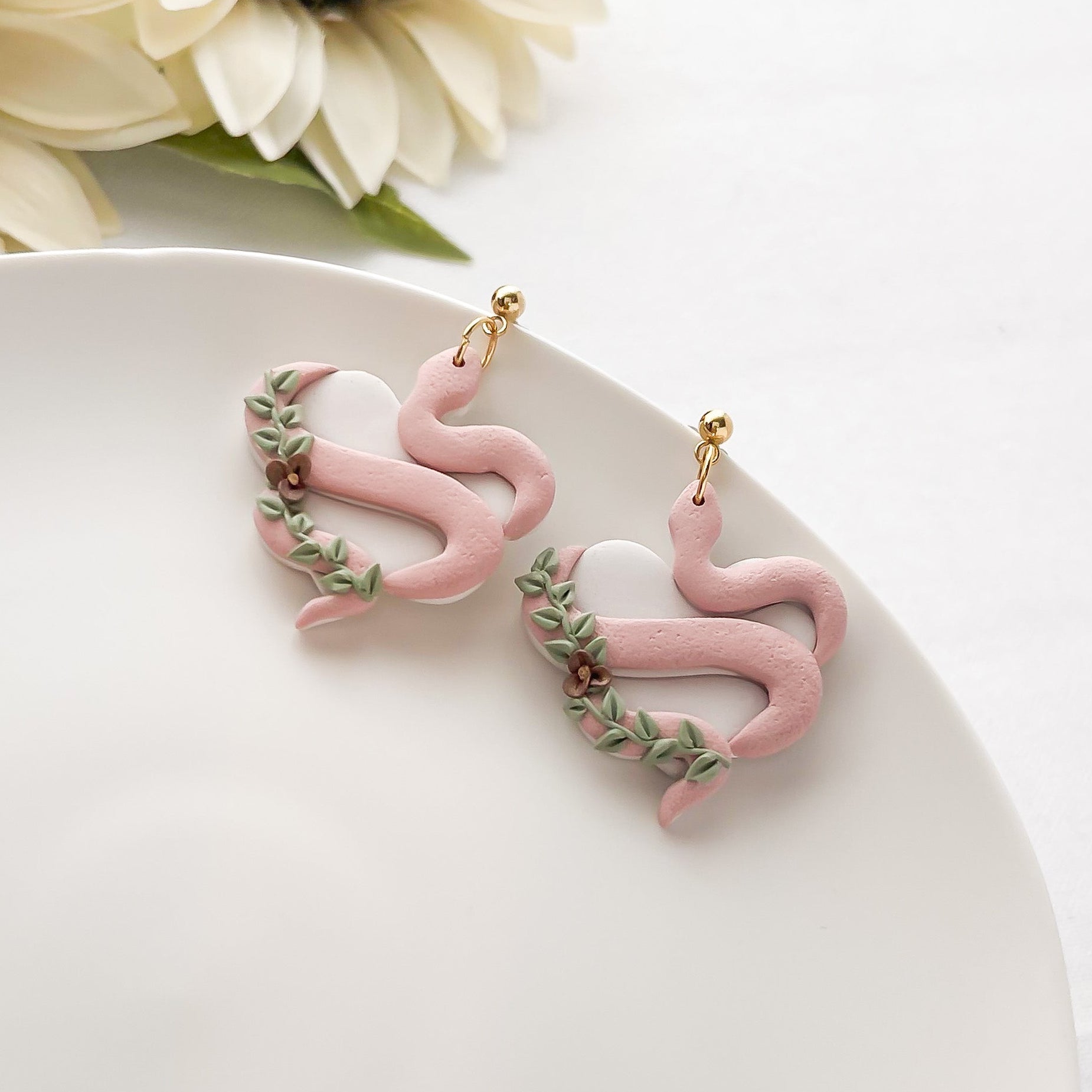 Blush Pink Snake Polymer Clay Earrings | Whimsigoth Polymer Clay Jewelry | Serpent Dangle Clip-On Earrings Option