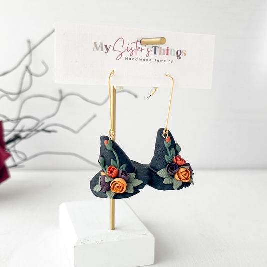 Floral Witch Hat Earrings: Fall Halloween Jewelry, Cottagecore Accessories