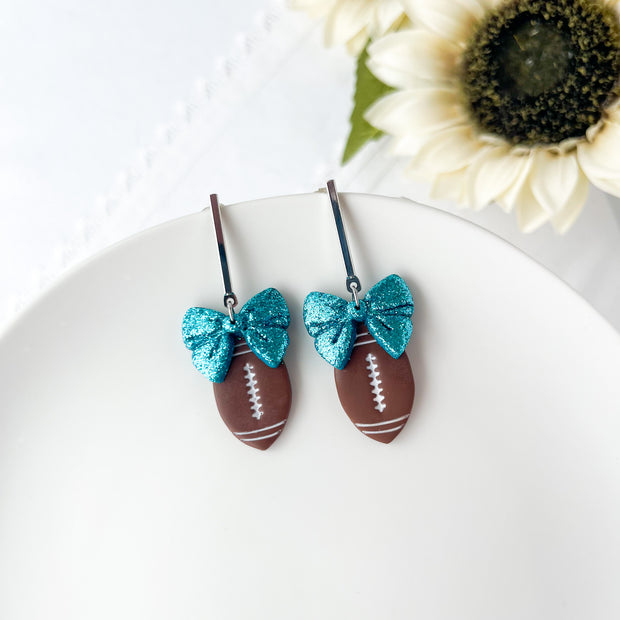 Football With Bow Lightweight Earrings | Sports Polymer Clay Jewelry | Whimsical Clip-On Earrings Option