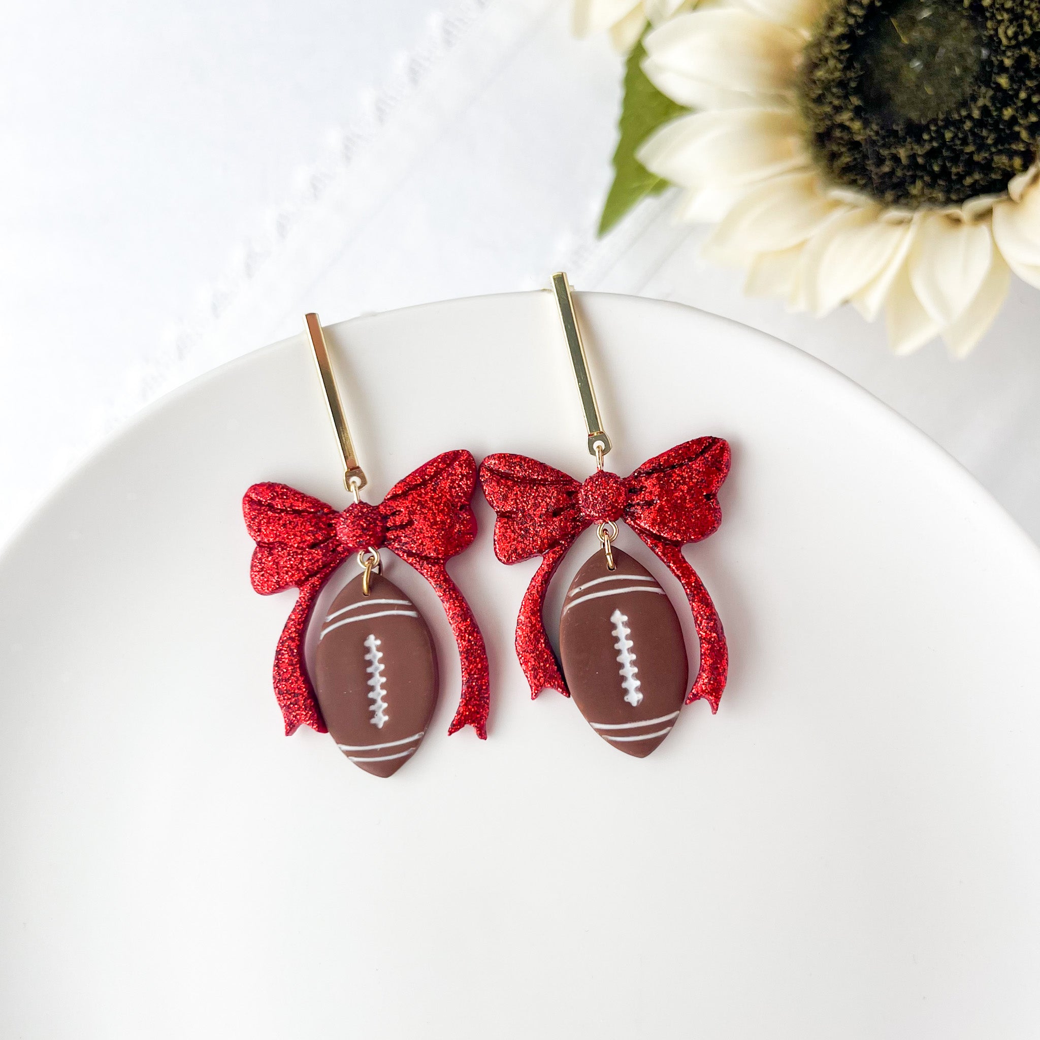 Dangle Football With Bow Lightweight Earrings | Sports Polymer Clay Jewelry | Whimsical Clip-On Earrings Option