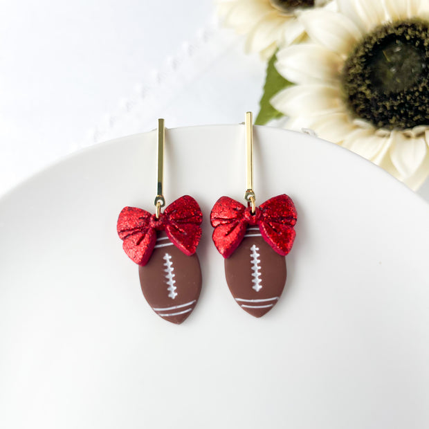Football With Bow Lightweight Earrings | Sports Polymer Clay Jewelry | Whimsical Clip-On Earrings Option