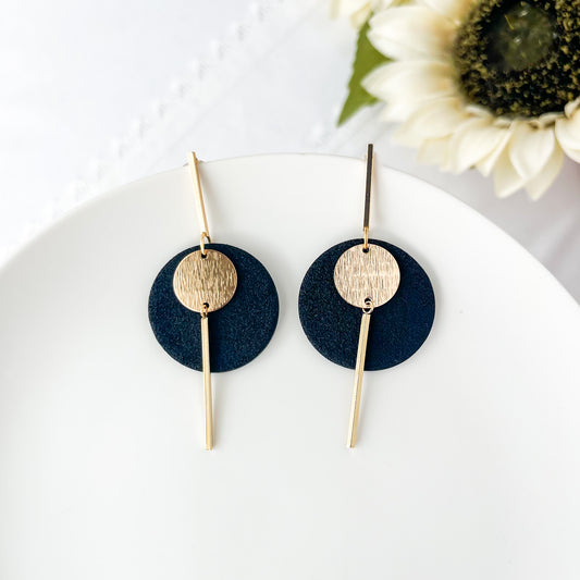 Modern Elegance Earrings: Handmade Polymer Clay Jewelry, Black and Gold Geometric Earrings, Clip-On Option