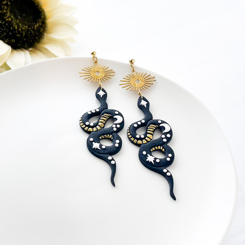 Bold Handmade Black Snake Earrings | Unique Edgy Statement Jewelry | Boho Chic Clip-On Earrings Option