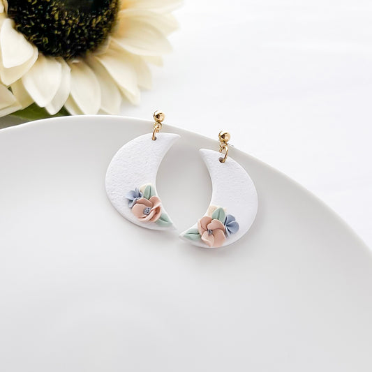 Unique Handmade Crescent Moon Floral Earrings | Edgy Statement Jewelry | Artisan-Made Boho Chic Earrings