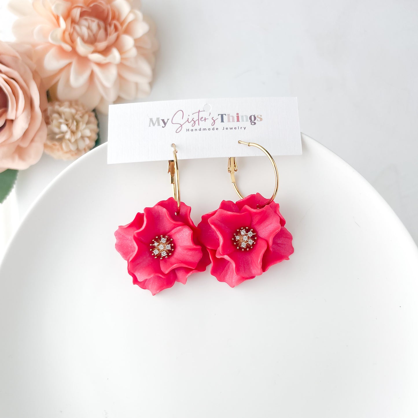 Hot Pink Flower Hoop Earrings, Lightweight Polymer Clay Large Flower Statement Earrings Gold