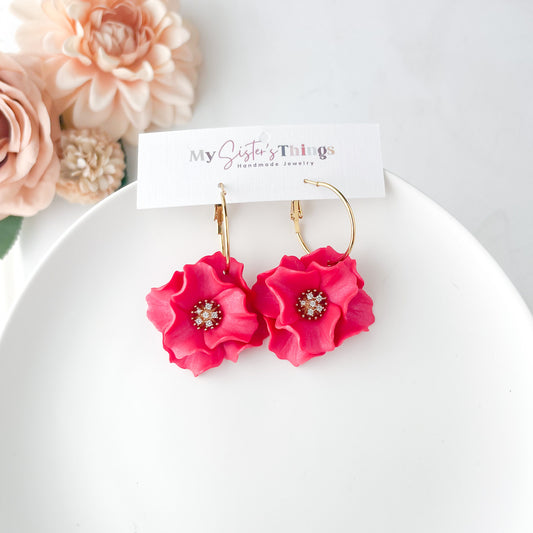Hot Pink Flower Hoop Earrings, Lightweight Polymer Clay Large Flower Statement Earrings Gold