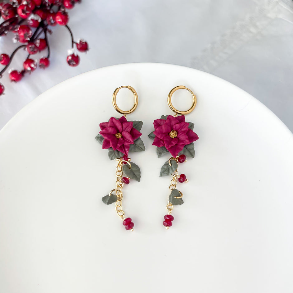 Poinsettia Christmas Earrings | Lightweight Polymer Clay Jewelry | Handmade Hypoallergenic Earrings | Whimsical Clip On Earrings Option