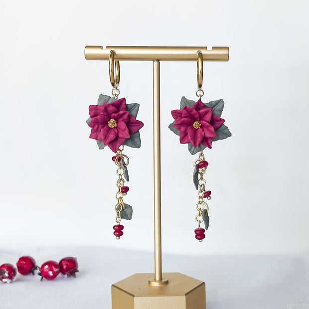 Poinsettia Christmas Earrings | Lightweight Polymer Clay Jewelry | Handmade Hypoallergenic Earrings | Whimsical Clip On Earrings Option