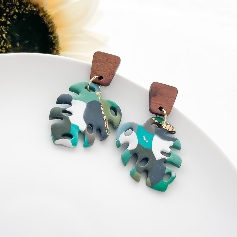 Shades Of Green Monstera Statement Earrings | Lightweight, Hypoallergenic Polymer Clay Jewelry | Boho Chic Clip-On Earring Option
