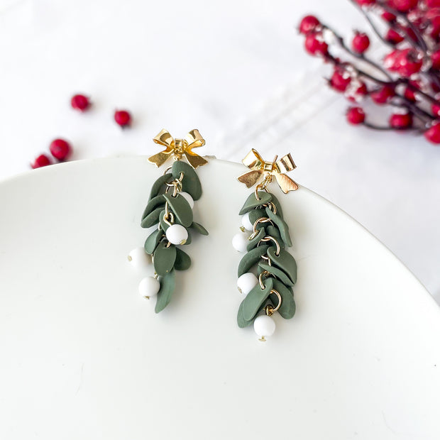 Mistletoe Christmas Earrings | Lightweight Polymer Clay Jewelry | Handmade Whimsical Earrings | Clip On Option
