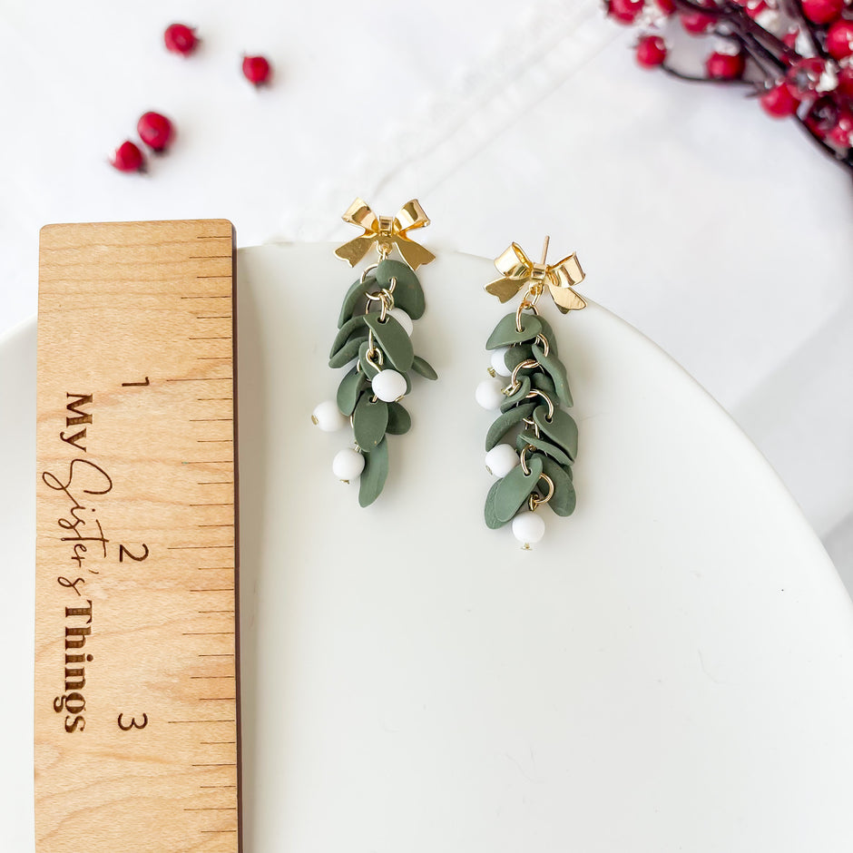 Mistletoe Christmas Earrings | Lightweight Polymer Clay Jewelry | Handmade Whimsical Earrings | Clip On Option