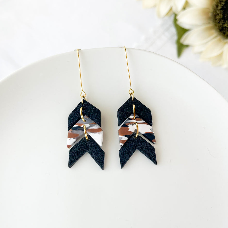 Marbled Arrow Dangle Earrings | Boho Chic Polymer Clay Jewelry | Clip-On Earrings Option