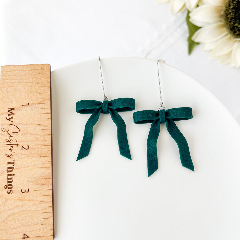 Dark Forrest Green Bow Dangle Earrings | Cute Polymer Clay Jewelry | Bow Clip-On Earrings