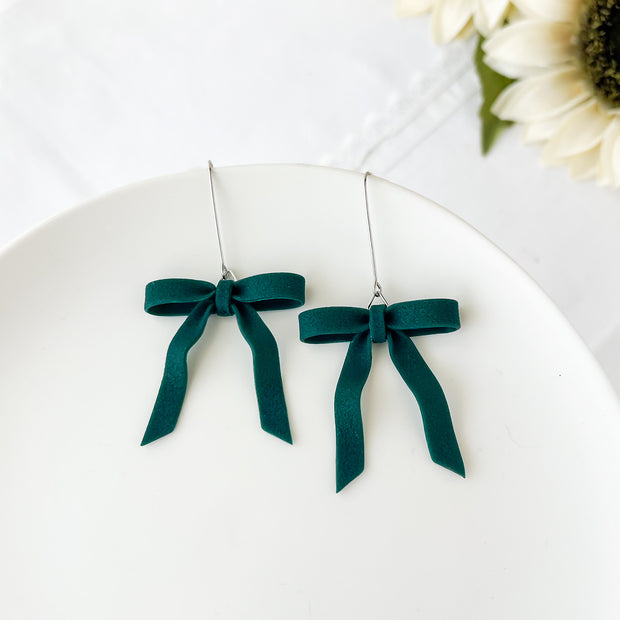 Dark Forrest Green Bow Dangle Earrings | Cute Polymer Clay Jewelry | Bow Clip-On Earrings