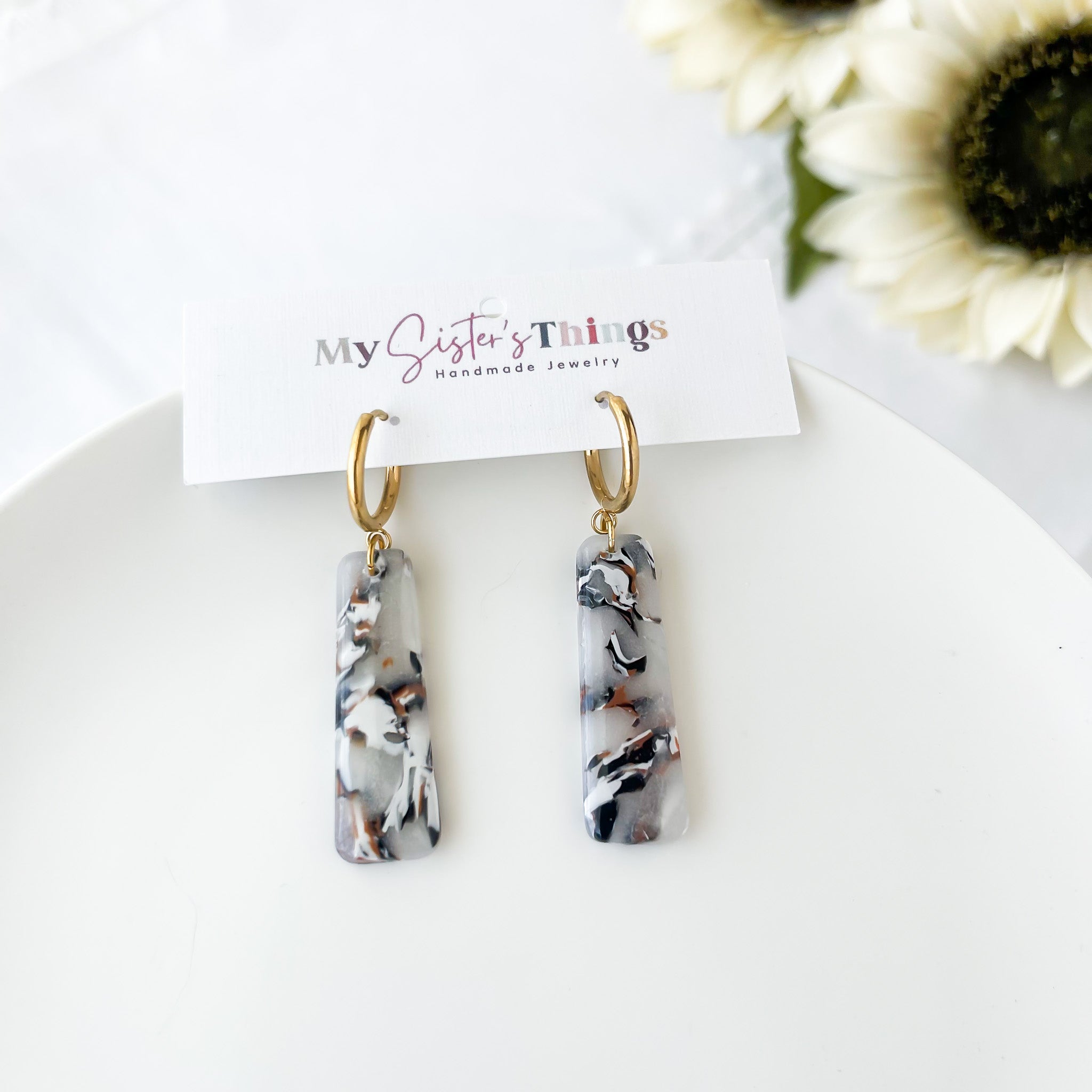 Marbled Dangles Huggie Earrings | Lightweight Polymer Clay Jewelry| Surgical Steel Hypoallergenic | Clip-On Option