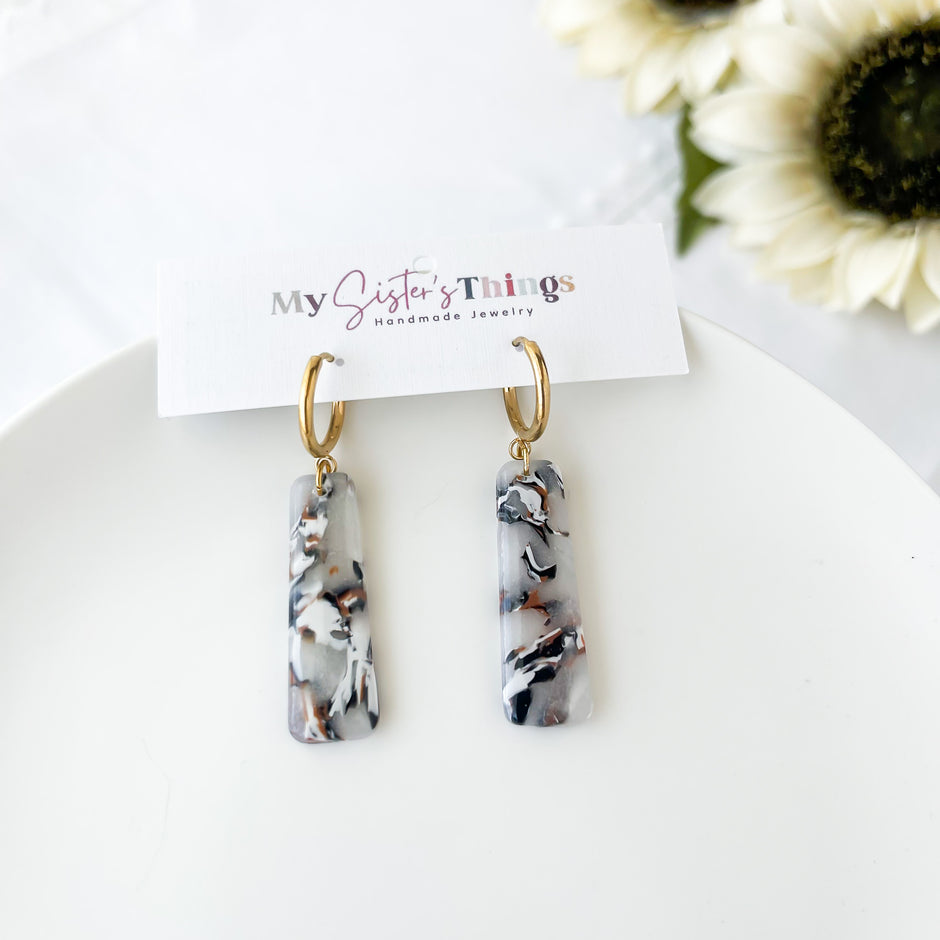 Marbled Dangles Huggie Earrings | Lightweight Polymer Clay Jewelry| Surgical Steel Hypoallergenic | Clip-On Option