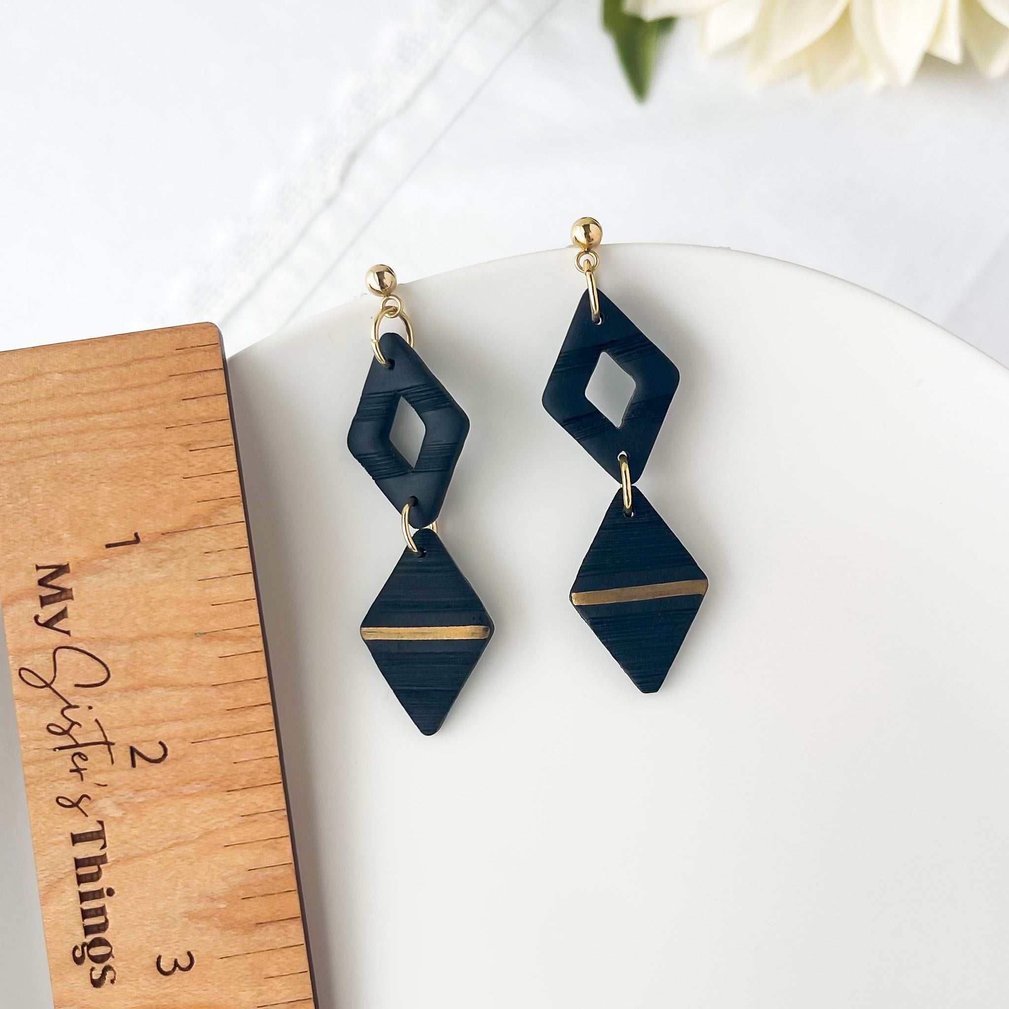 Black Modern Dangle Earrings | Handmade Polymer Clay Jewelry | Diamond Geometric Clip-On Earrings