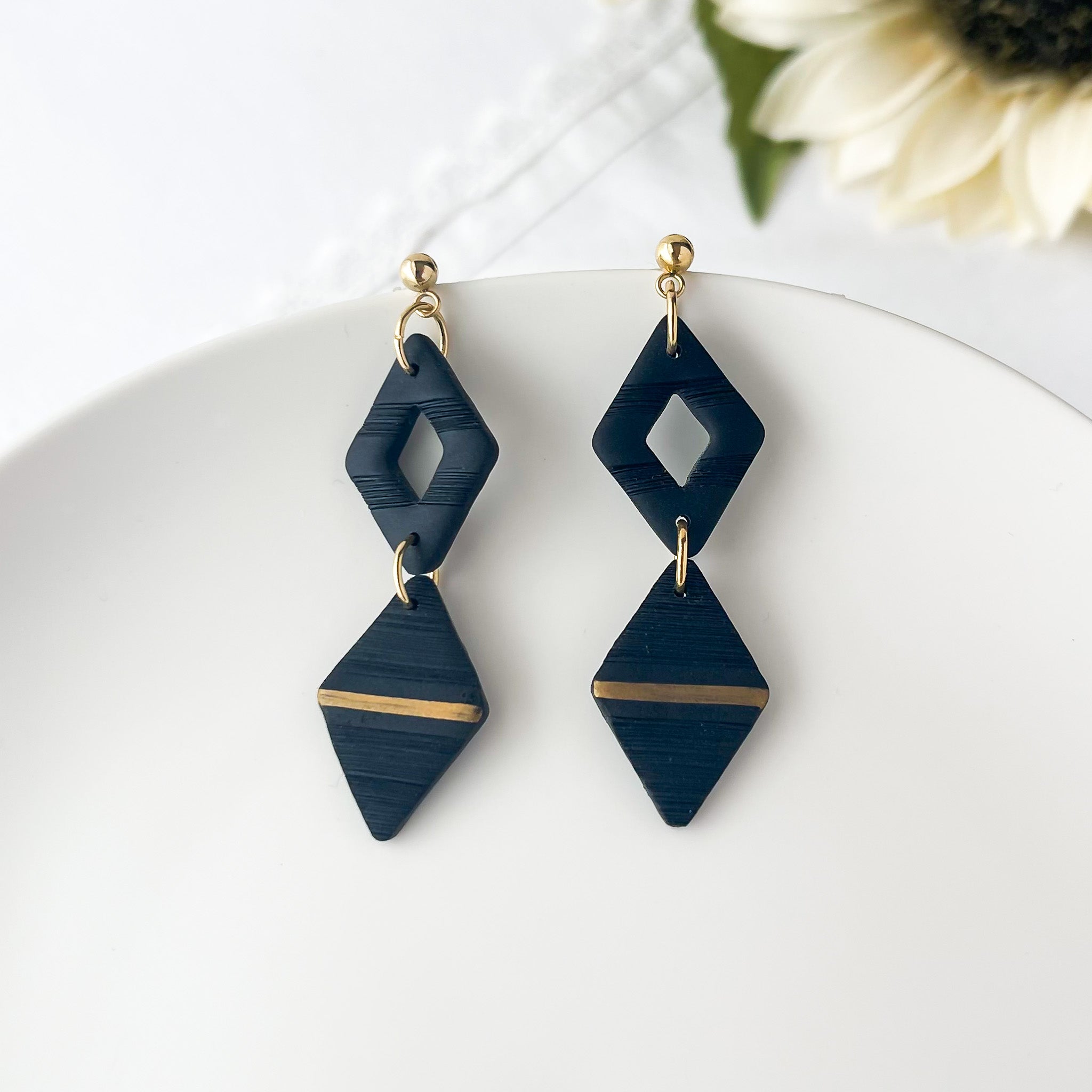 Black Modern Dangle Earrings | Handmade Polymer Clay Jewelry | Diamond Geometric Clip-On Earrings