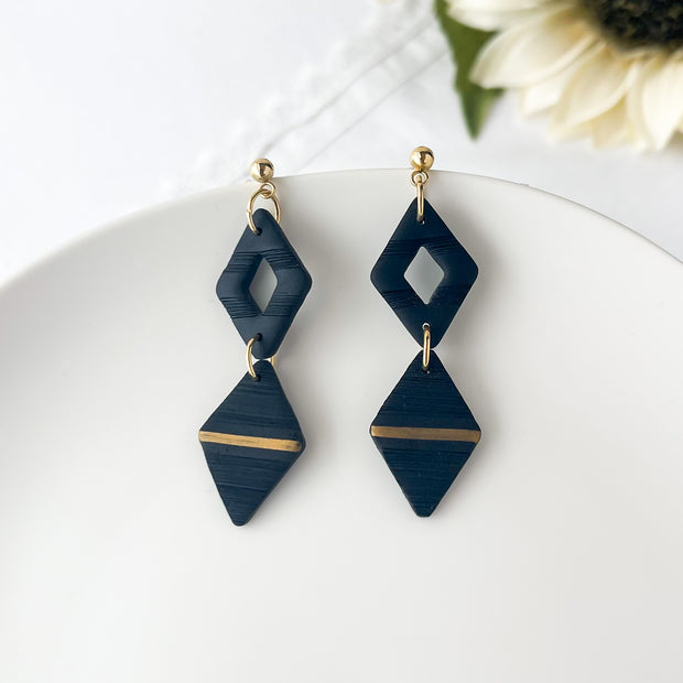 Black Modern Dangle Earrings | Handmade Polymer Clay Jewelry | Diamond Geometric Clip-On Earrings