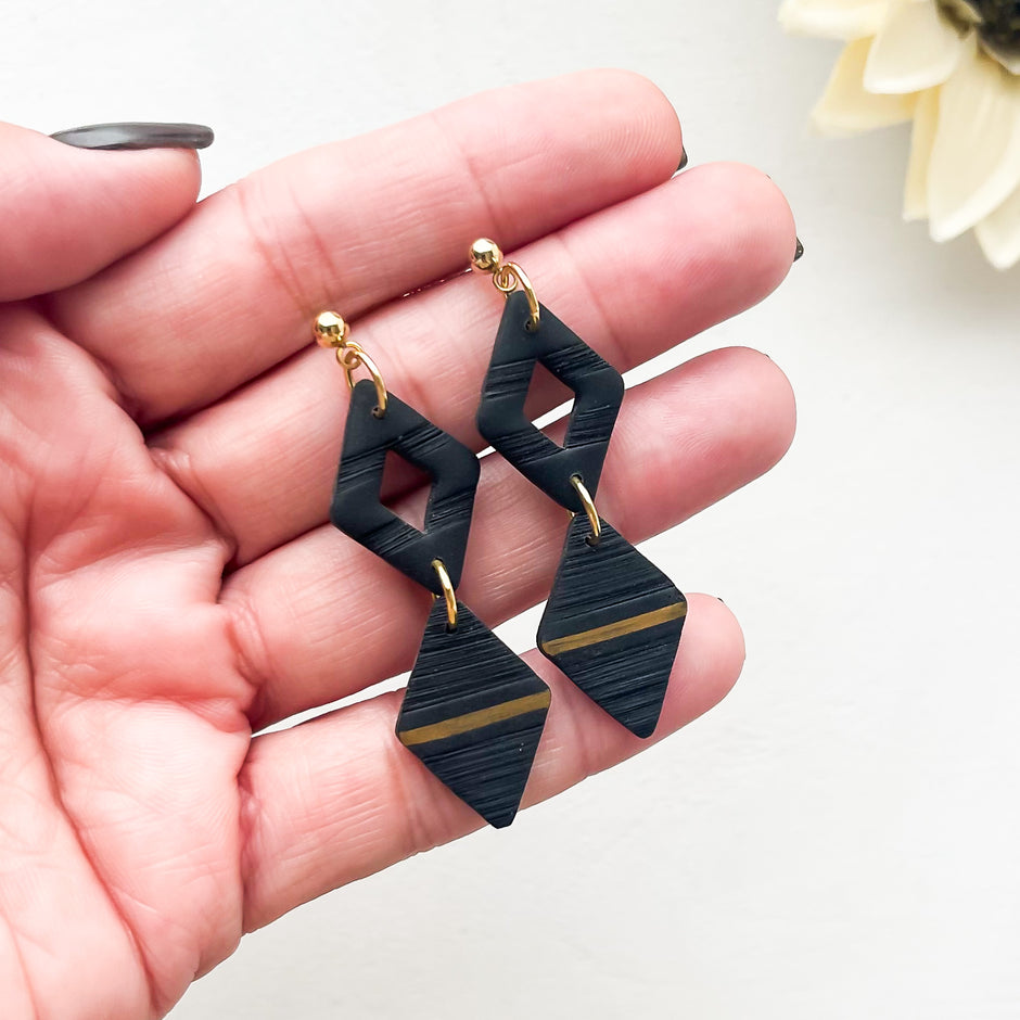 Black Modern Dangle Earrings | Handmade Polymer Clay Jewelry | Diamond Geometric Clip-On Earrings